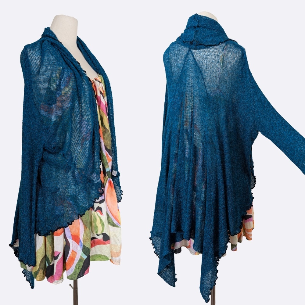 Teal Knit Cardigan Shawl Long Bell Sleeve Turquoise High Low Loose
